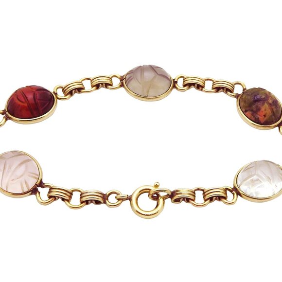 Vintage 12K Gold Filled Aumara Scarab Beetle Egyptian Revival Gemstone Bracelet - Picture 8 of 10